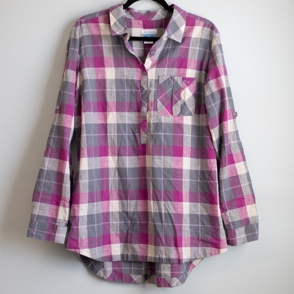 Columbia purple and grey plaid half button tunic top-XL - Picture 1 of 5